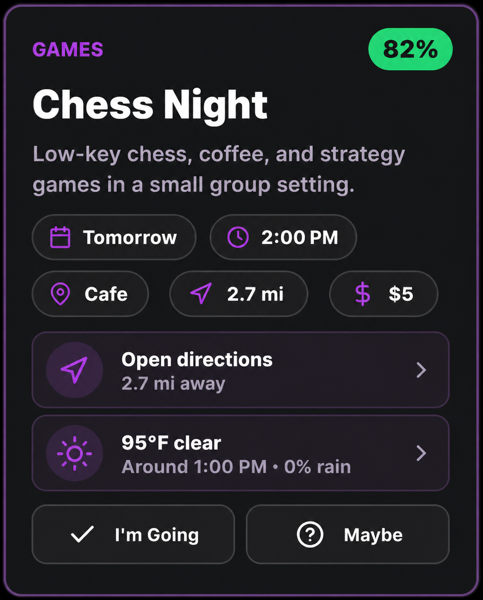 PartyBot event card showing compatibility, event details, and attendance actions