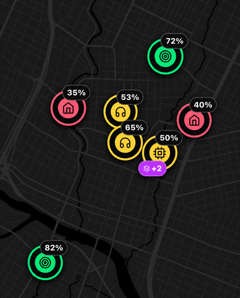 Dark Austin map with color-coded event compatibility markers