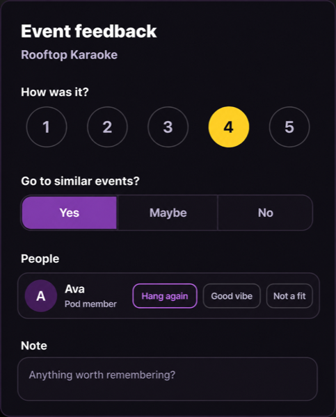 PartyBot post-event feedback screen with rating and people feedback