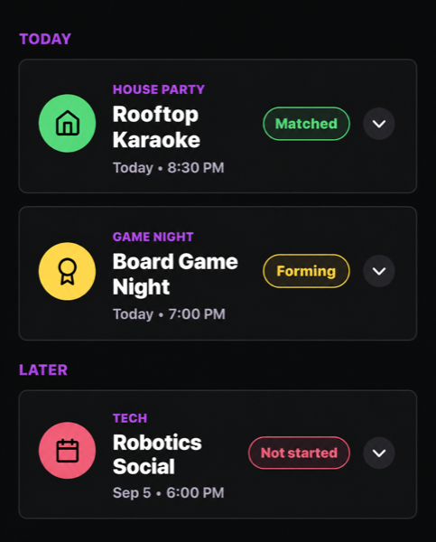 PartyBot pod list with matched, forming, and upcoming groups